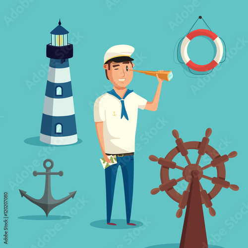 Captain or sailor with spyglass and lighthouse, anchor and wooden steering wheel of ship or boat, lifebuoy or ring buoy, lifesaver or life ring. May be used for marine or nautical, maritime or crew