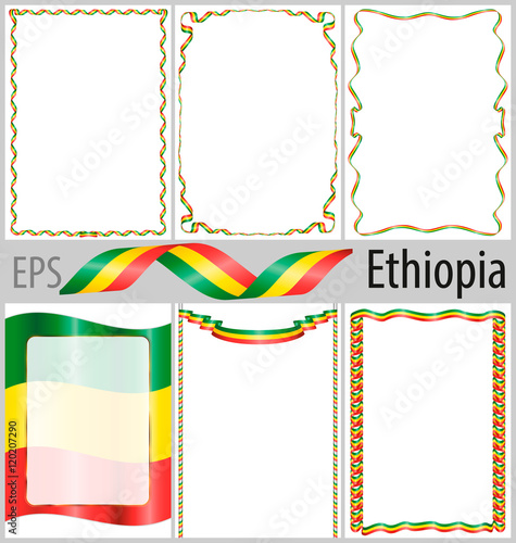 Set of 6 frames and borders with coloring Ethiopia flag