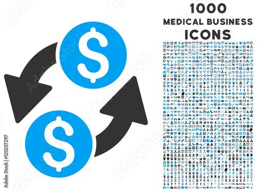 Dollar Exchange vector bicolor icon with 1000 medical business icons. Set style is flat pictograms, blue and gray colors, white background.