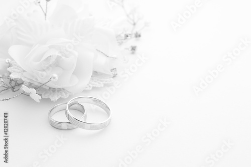 Wedding rings on wedding card  on a white background