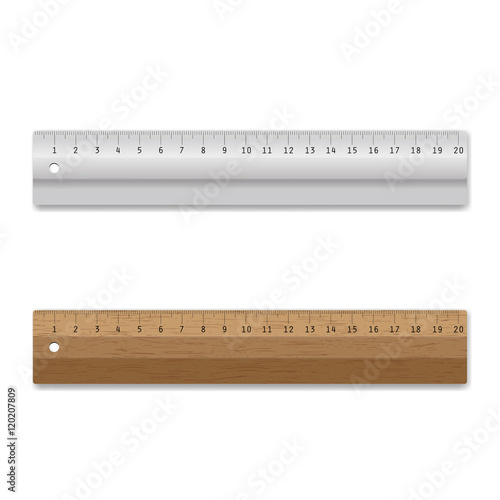 wooden and Steel rulers isolated on a white background