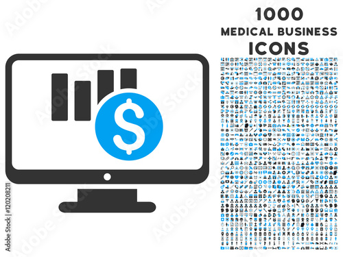 Sales Chart Monitoring vector bicolor icon with 1000 medical business icons. Set style is flat pictograms, blue and gray colors, white background.