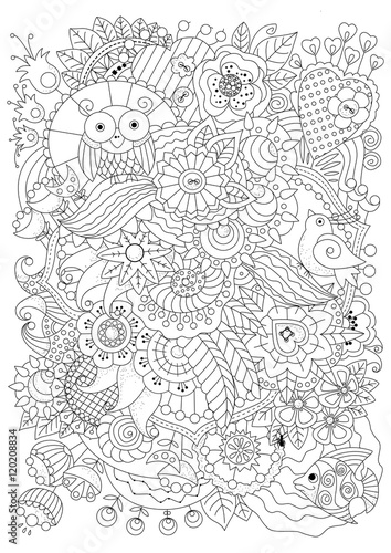 Coloring book for adult and older children. Coloring page with flowers and decorative elements