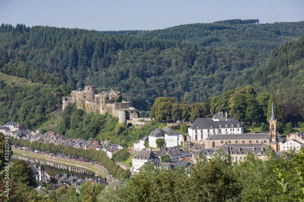 Obraz premium Aerial view Bouillon with medieval castle in Belgian Ardennes