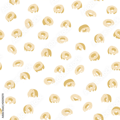 Seamless pattern with cereal rings dipped in milk with splashes. 