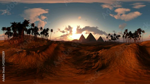 panoramic of egyptian pyramid in desert at sunset. made with the one 360 degree lense camera without any seams. ready for virtual reality
