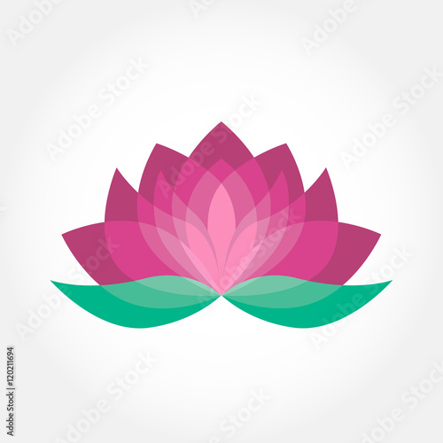 Lotus flower icon vector. Pink and green beauty design. Yoga holistic therapy concept.