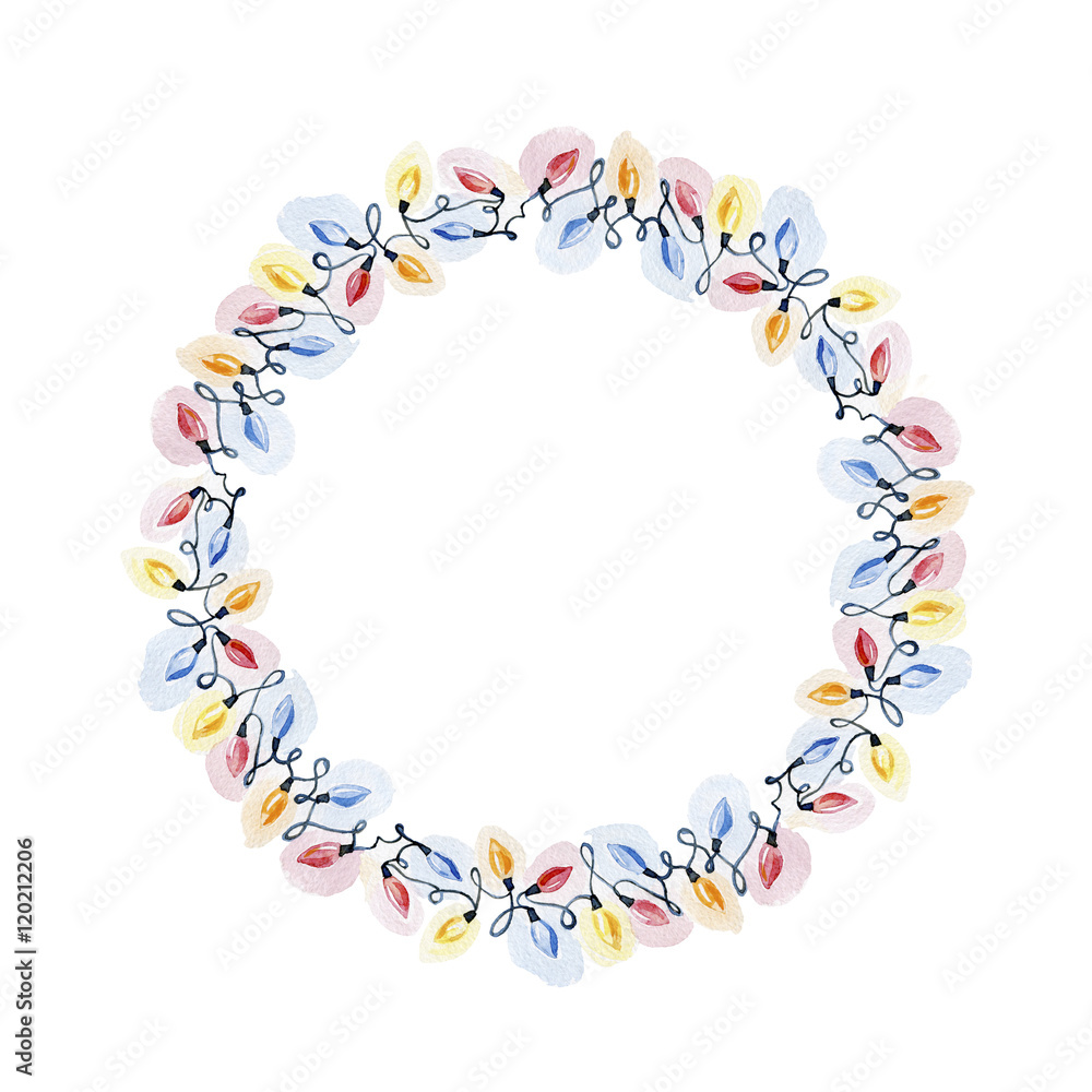 Christmas and New year light garlands like frame on a white background. Watercolor illustration. Christmas and New year light garlands like frame on a white background. Watercolor illustration.