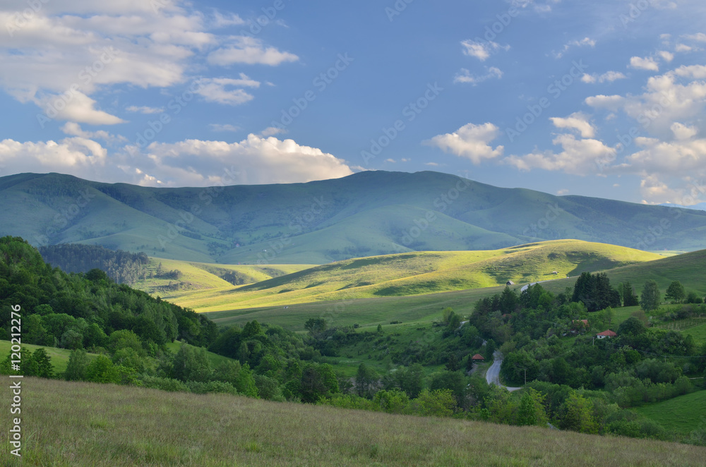 Landscape of Zlatibor Mountain. Green meadows and hills under blue sky with some clouds