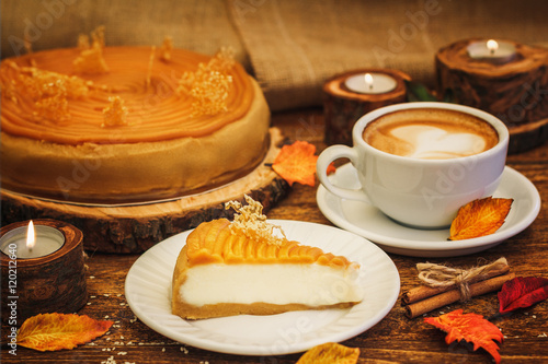 Cheesecake with caramel in rustic style