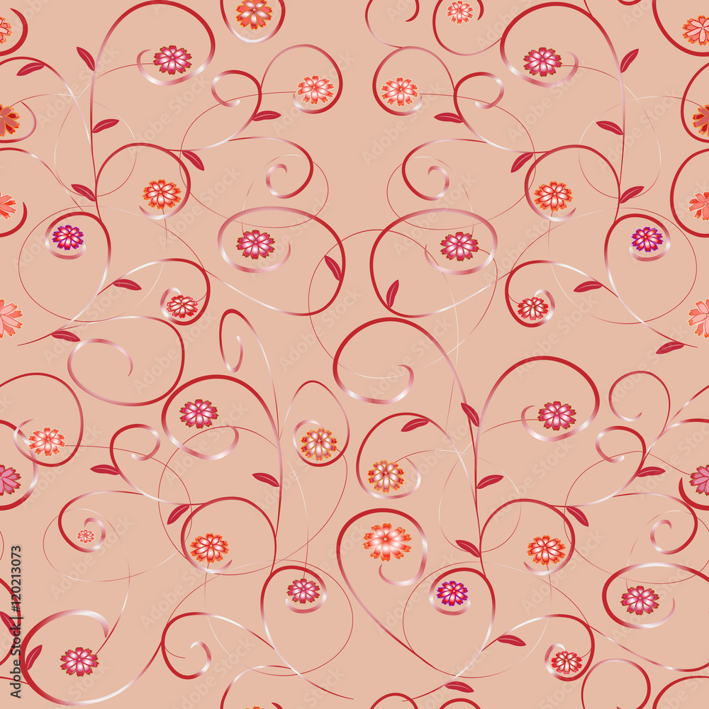Fototapeta premium Seamless flower abstract pattern with leaves and branches on a pink background