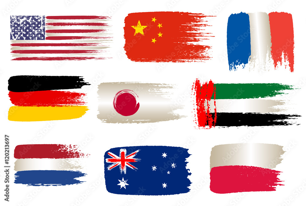 Collection of popular world flags, brush strokes painted flags
