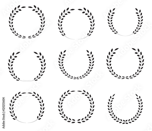 Circular laurel foliate and wheat wreaths, set of black silhouette, isolated on white background, vector illustration.