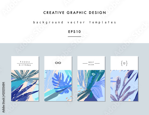 Set of creative universal floral cards in tropical style. Vector