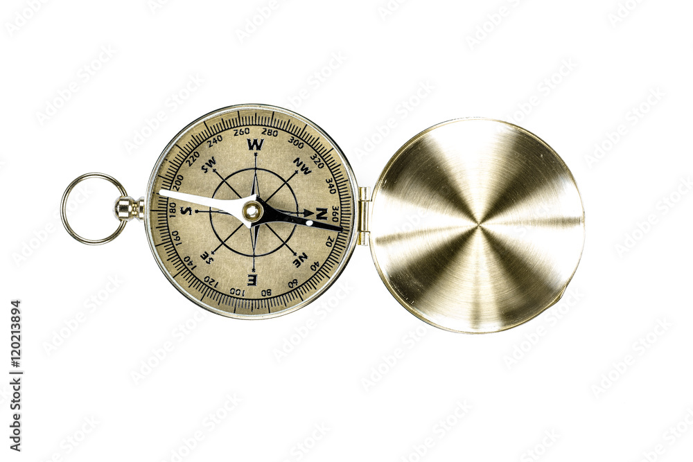 Old brass compass on white background Old brass compass on white background