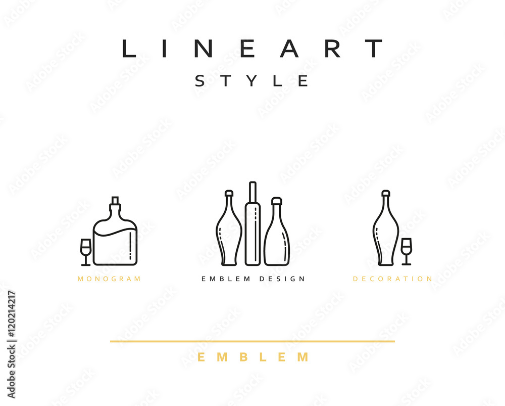 Bottle of wine , cognac , vector icon style line art. Monogram emblem element design style lineart. Bottle of wine , cognac , vector icon style line art. Monogram emblem element design style lineart.