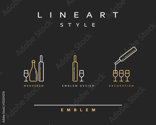 Bottle of wine , cognac , vector icon style line art. Monogram emblem element design style lineart.