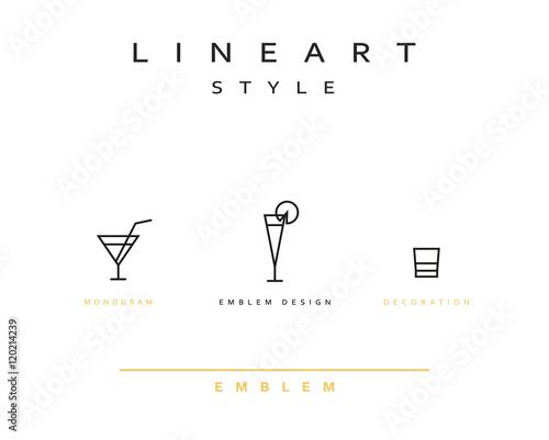 Cocktail wineglass vector icon style line art. Monogram emblem element design style lineart.