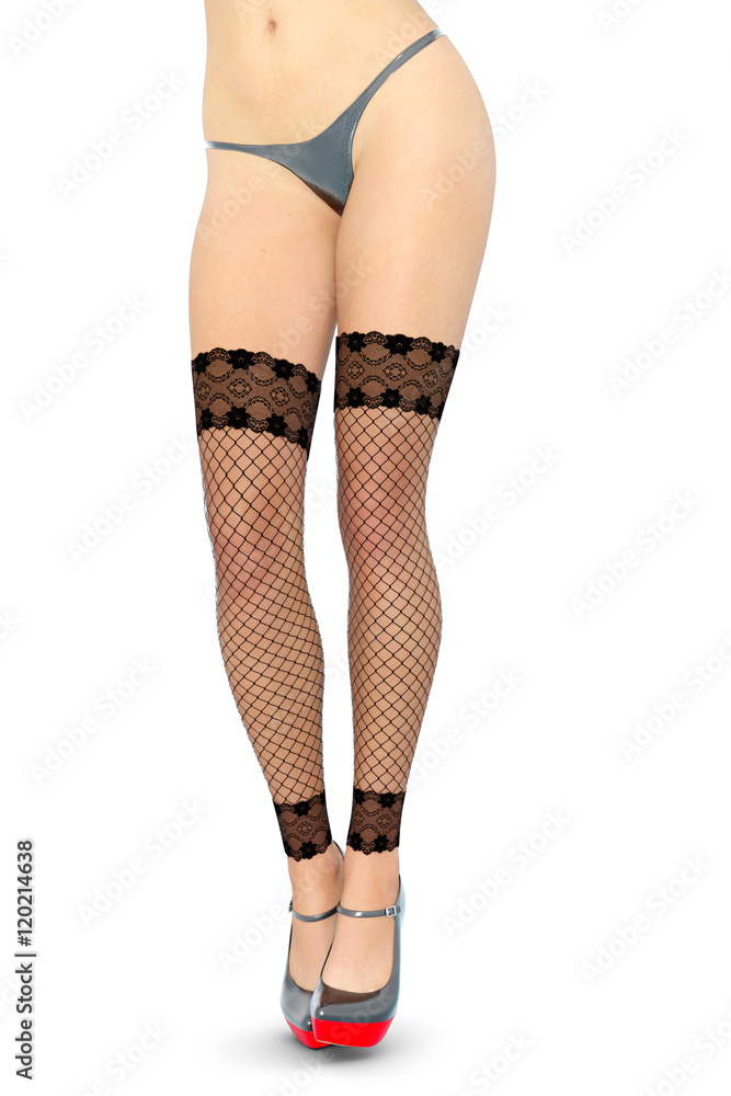 Fishnet leggings female feet. Stockings, panties and high heels. Woman standing in candid provocative pose. Conceptual fashion art. Isolate. Studio, high key. Photorealistic 3D rendering illustration. Fishnet leggings female feet. Stockings, panties and high heels. Woman standing in candid provocative pose. Conceptual fashion art. Isolate. Studio, high key. Photorealistic 3D rendering illustration.