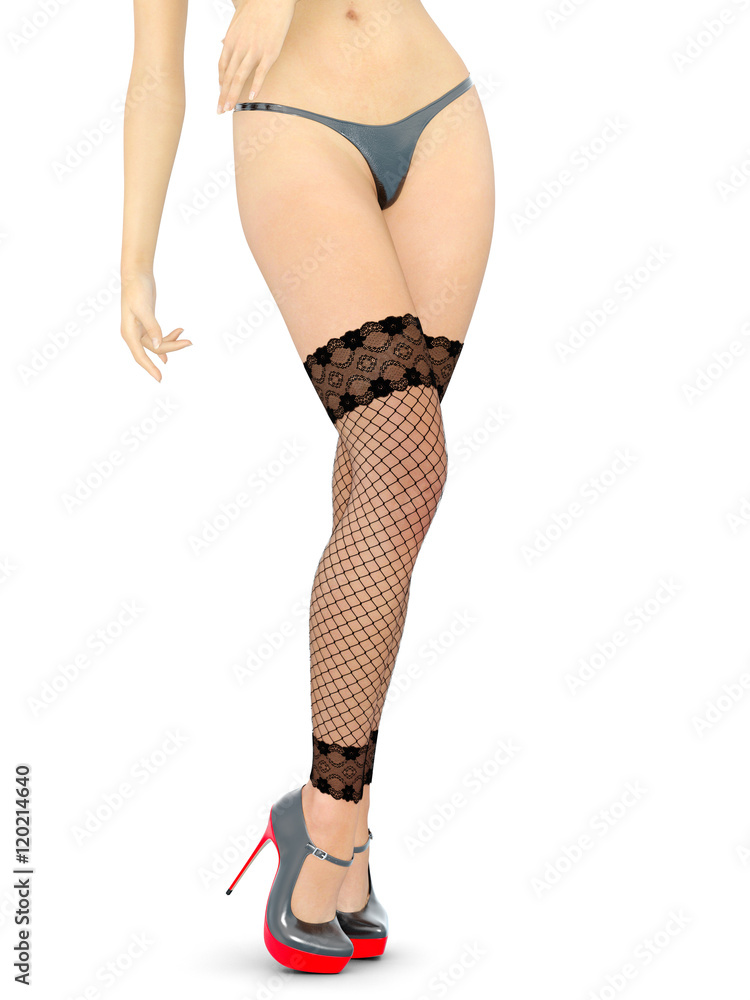 Fishnet leggings female feet. Stockings, panties and high heels. Woman standing in candid provocative pose. Conceptual fashion art. Isolate. Studio, high key. Photorealistic 3D rendering illustration. Fishnet leggings female feet. Stockings, panties and high heels. Woman standing in candid provocative pose. Conceptual fashion art. Isolate. Studio, high key. Photorealistic 3D rendering illustration.