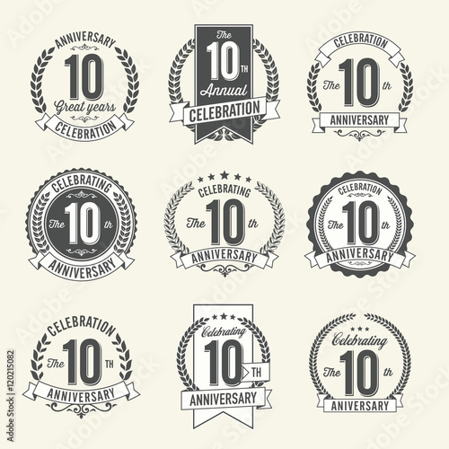 Set of Vintage Anniversary Badges 10th Year Celebration. Black and White.