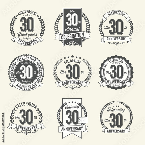 Set of Vintage Anniversary Badges 30th Year Celebration. Black and White.