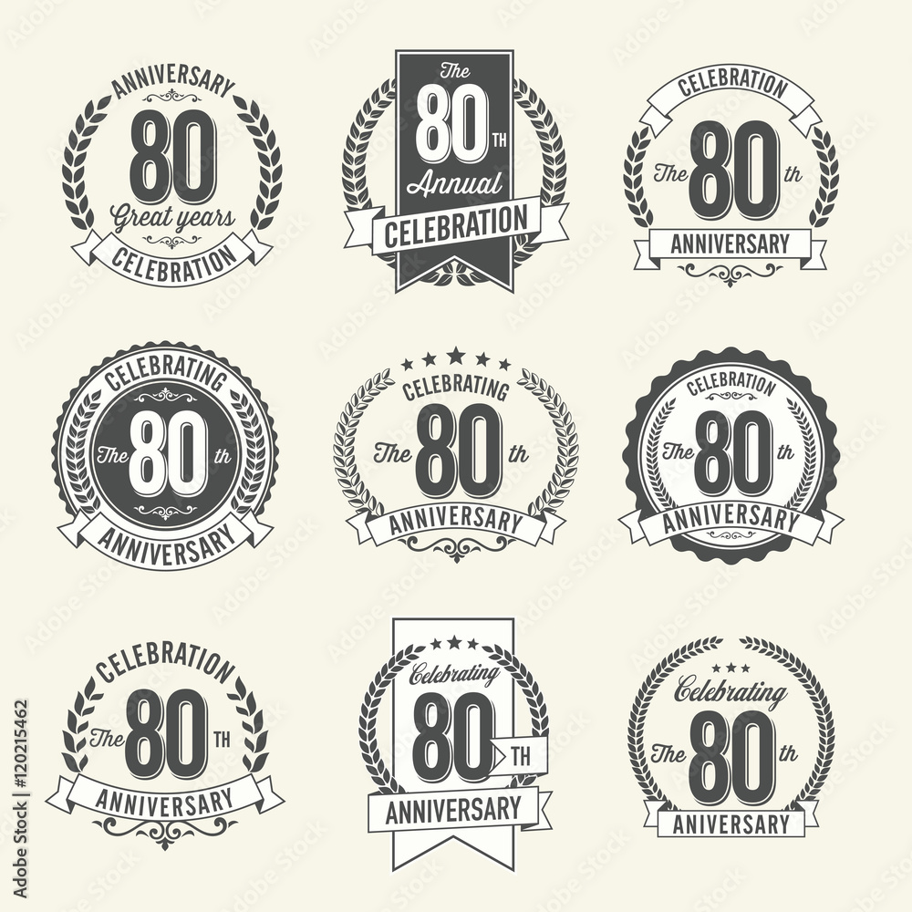 Set of Vintage Anniversary Badges 80yh Year Celebration. Black and White.