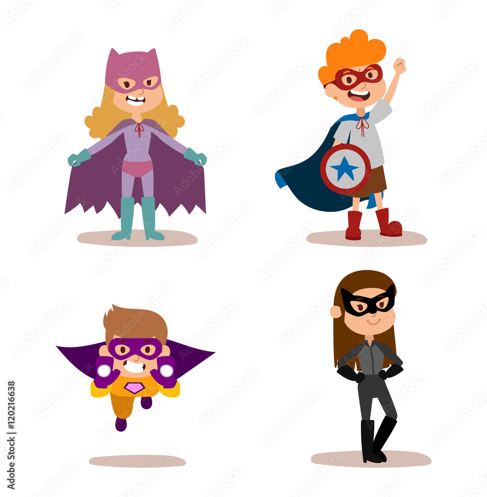 Superhero kids boys and girls cartoon vector illustrationt Superhero kids boys and girls cartoon vector illustrationt