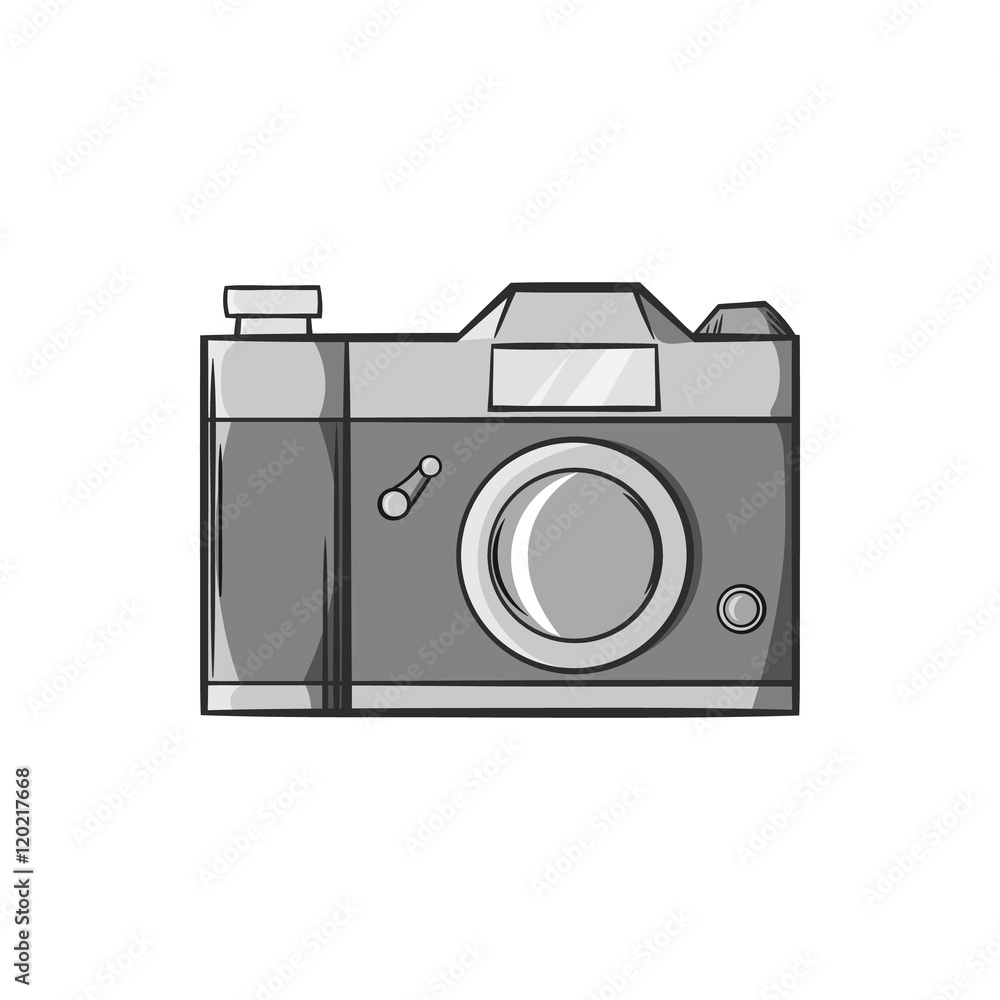 Retro photo camera icon in black monochrome style isolated on white background. Shooting symbol vector illustration