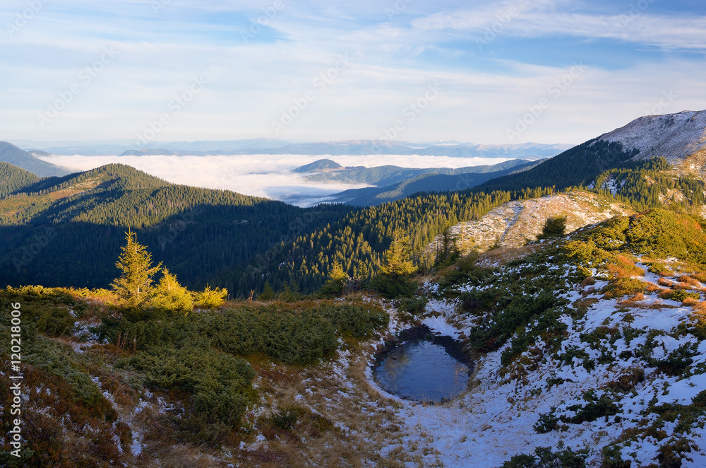 Autumn landscape with a lake in the mountains