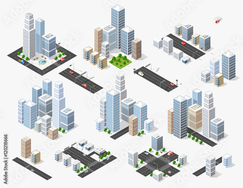 Set 3d isometric three-dimensional city with houses, skyscrapers, buildings and streets with traffic. Top view of urban infrastructure for the creation and design