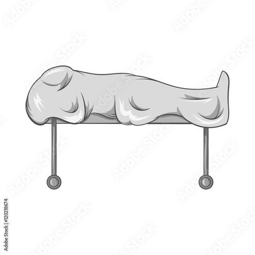 Dead on gurney icon in black monochrome style isolated on white background. Death symbol vector illustration
