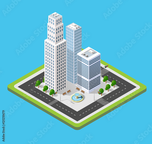 3d isometric three-dimensional urban transport street with houses, skyscrapers. Top view of the city district
