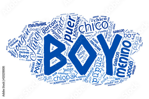 Creative tag cloud filled by word boy in different languages on white background. Vector.