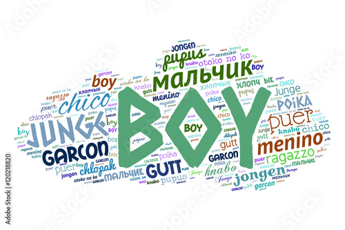 Creative tag cloud filled by word boy in different languages on white background. Vector.