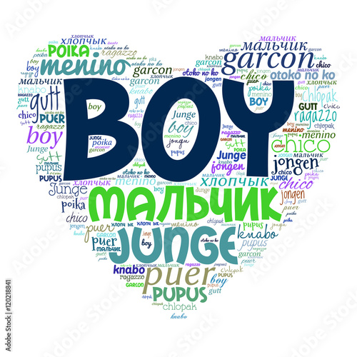 Creative tag cloud filled by word boy in different languages on white background. Vector.