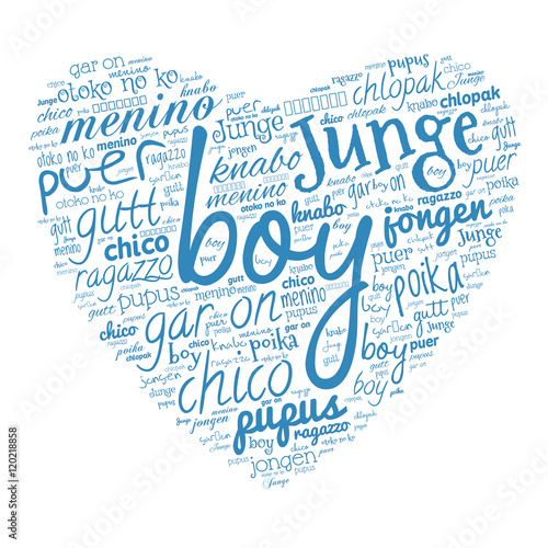 Creative tag cloud filled by word boy in different languages on white background. Vector.