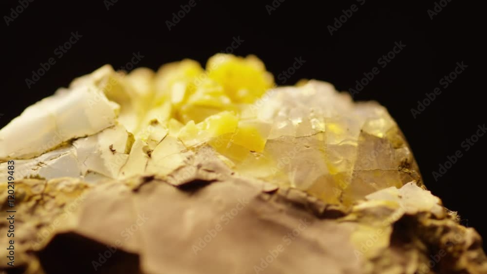 Rotating Fractured Quartz Stone with Yellow and White Crystal Formations, Macro, Variation Rotating Fractured Quartz Stone with Yellow and White Crystal Formations, Macro, Variation