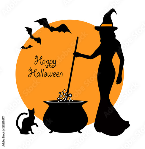 beautiful witch prevents potion in a cauldron. Sitting next to a witch and black cat flying bats