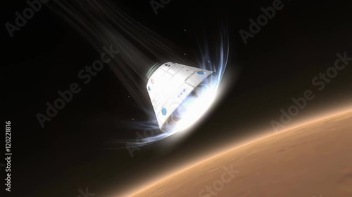 Artist rendering, Space capsule descending to Mars.	