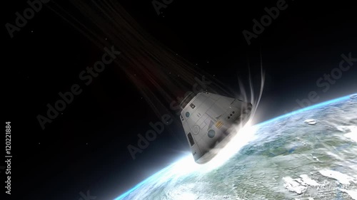 Artist rendering, Space capsule descending to Earth.