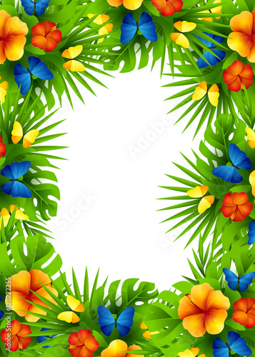 Tropical invitation background with exotic hibiscus flowers and rainbow butterflies
