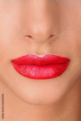 Classic red lips. Close up