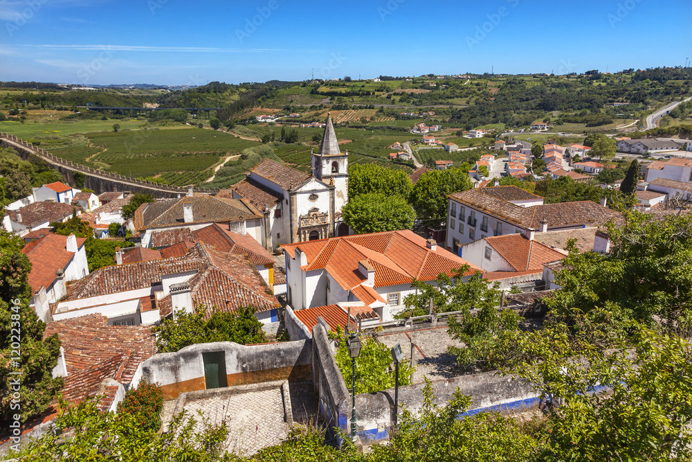 Santa Maria Church Castle Walls Countrside Obidos Portugal