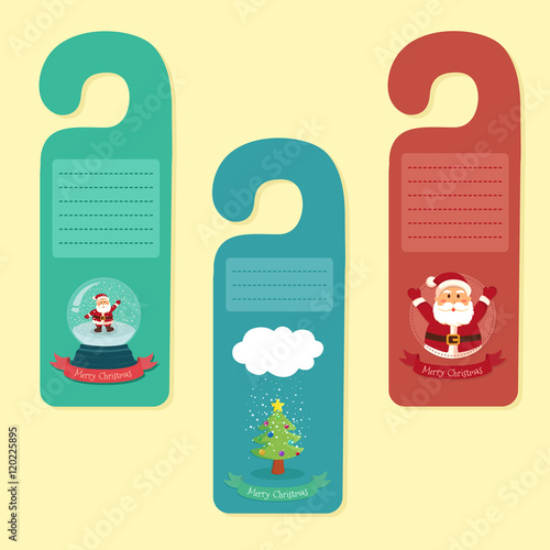 Christmas theme door hanger greeting card  with santa claus, snowball and christmas tree vector illustration.