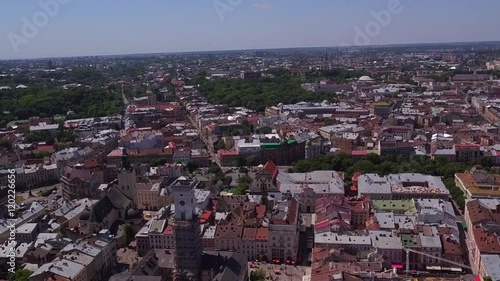 Lviv Roofs and Streets Aerial View, Ukraine Dominican Sobor in Lviv Slow 1080 50fps photo