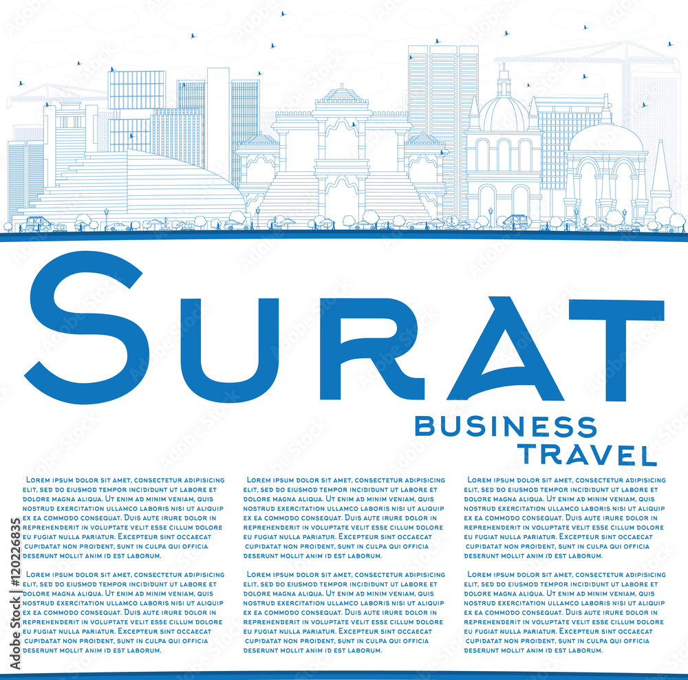 Outline Surat Skyline with Blue Buildings and Copy Space.