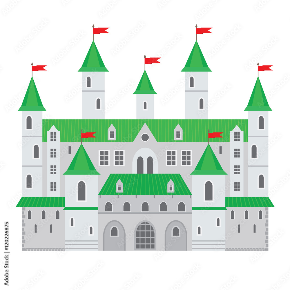 Vector illustration of a castle in flat style. Medieval stone fortress. Abstract fantasy castle can be used in books, game background, web design, banner, etc.