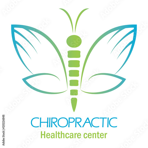 Chiropractic clinic logo with butterfly, symbol of hand and spine.
