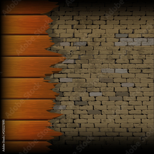 broken wooden planks in the background of a brick wall